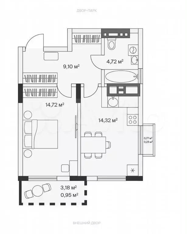 1-к. квартира, 44 м, 7/7 эт. - Фото 1