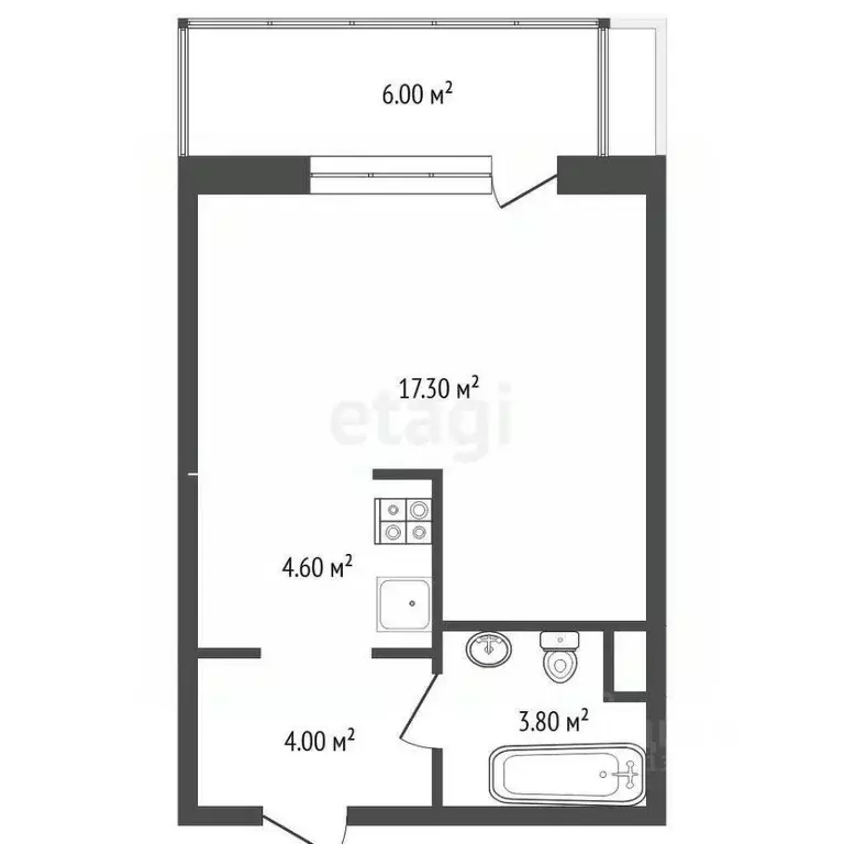 Студия Тюменская область, Тюмень Профсоюзная ул., 49 (29.5 м) - Фото 2