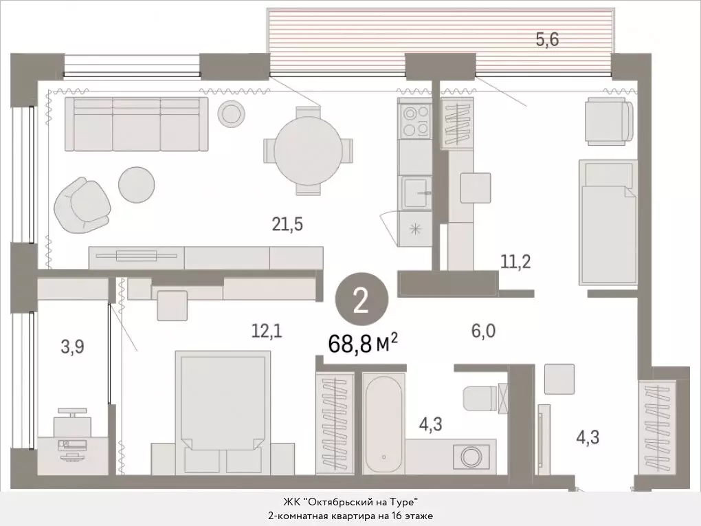 2-комнатная квартира: Тюмень, Краснооктябрьская улица, 4к3 (68.75 м) - Фото 0