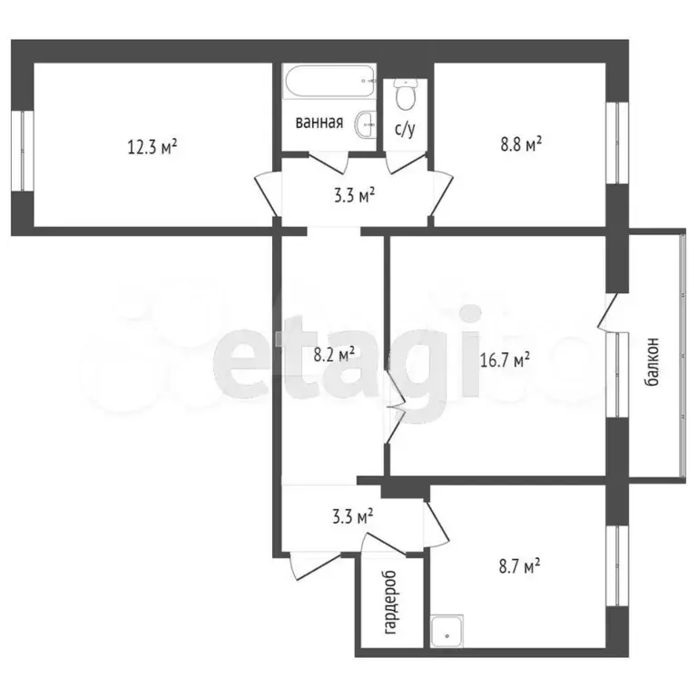 3-к. квартира, 66,1 м, 6/9 эт. - Фото 0