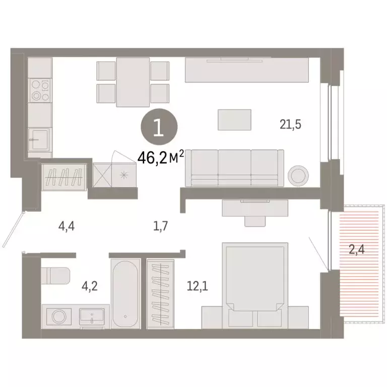 1-комнатная квартира: Тюмень, Мысовская улица, 26к2 (46.19 м) - Фото 1
