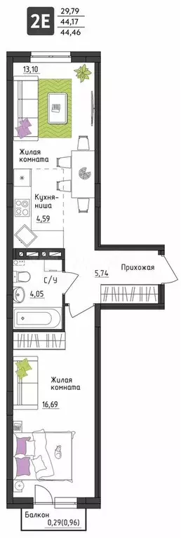 2-к. квартира, 44,5 м, 2/4 эт. - Фото 0
