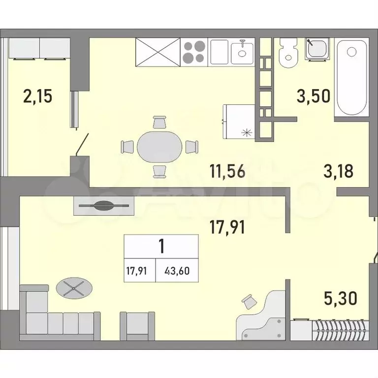 2-к. квартира, 43,6 м, 24/25 эт. - Фото 0