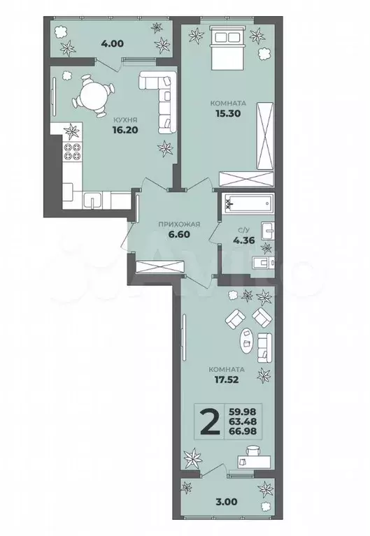 2-к. квартира, 63,5 м, 6/8 эт. - Фото 1