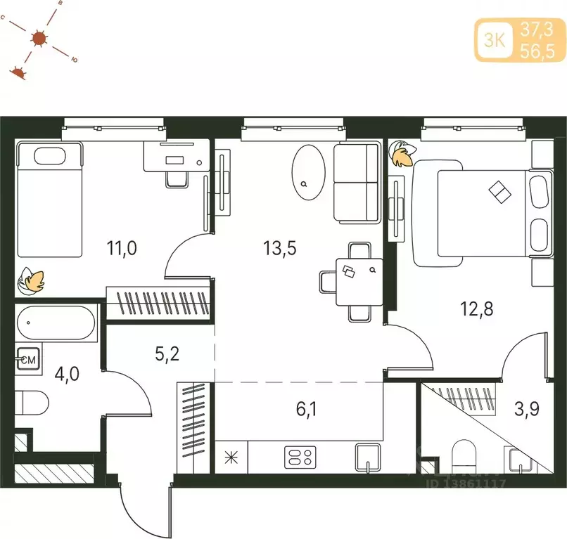 Студия Пермский край, Пермь ул. Серебристая, 1 (56.5 м) - Фото 1