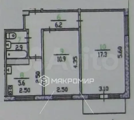 2-к. квартира, 42,7 м, 5/6 эт. - Фото 0