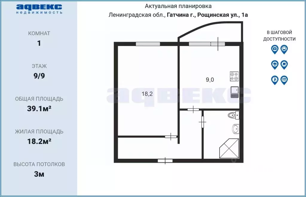1-к кв. Ленинградская область, Гатчина ул. Рощинская, 1А (39.1 м) - Фото 2