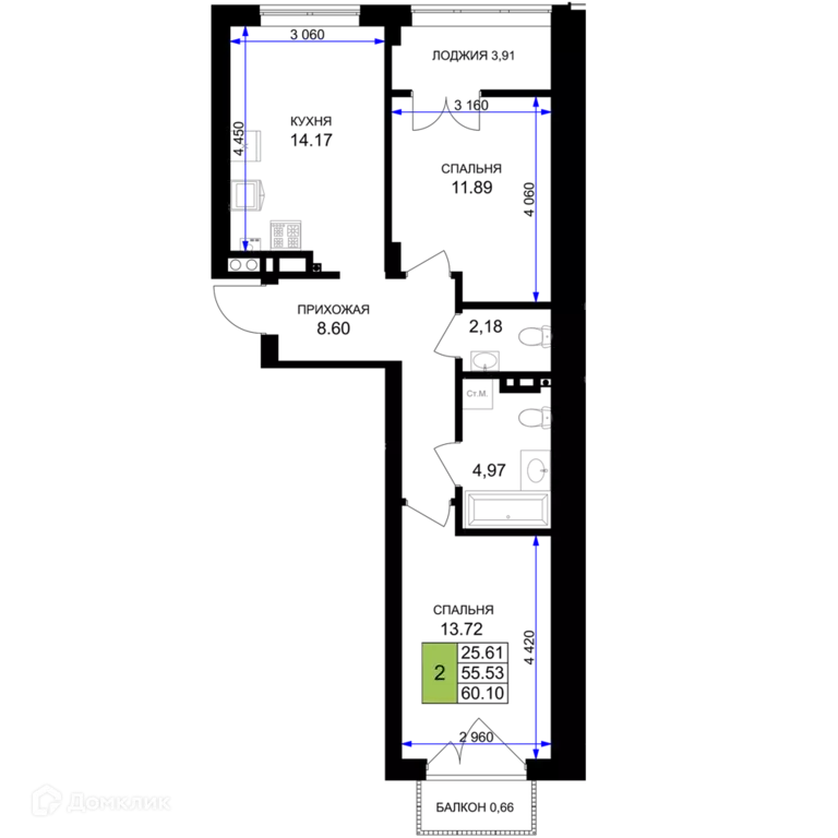 Продаётся 2-к квартира, 60.1 м - Фото 0