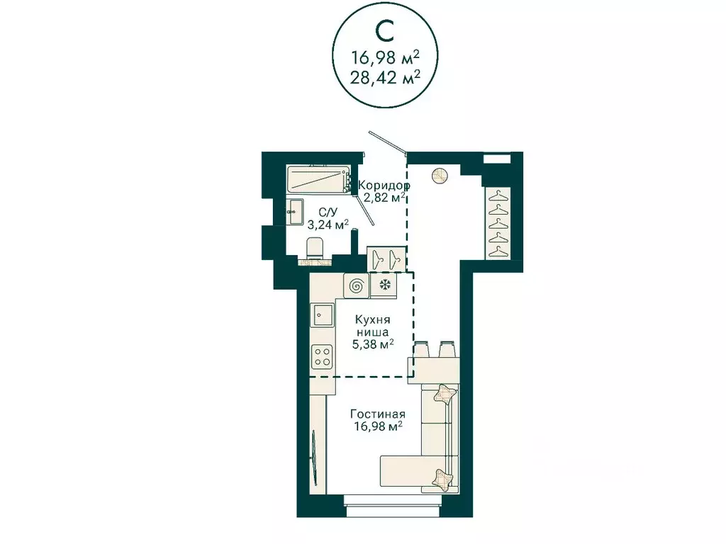 Студия Башкортостан, Уфа Сердце Уфы жилой комплекс (28.42 м) - Фото 2