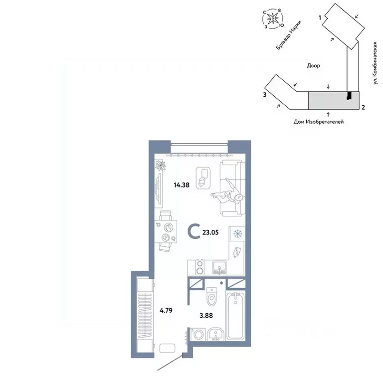 Студия Тюменская область, Тюмень Комбинатская ул., 16к1 (23.05 м) - Фото 0