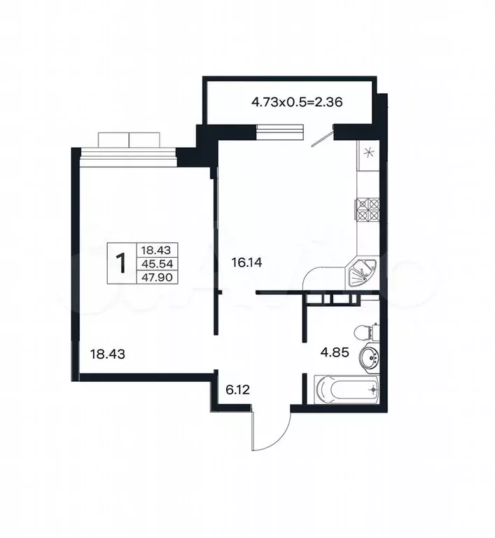 1-к. квартира, 47,9 м, 6/12 эт. - Фото 1