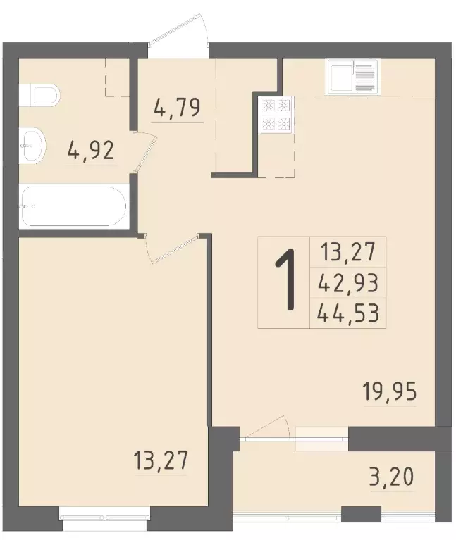 1-к квартира, 44.53 м - Фото 0