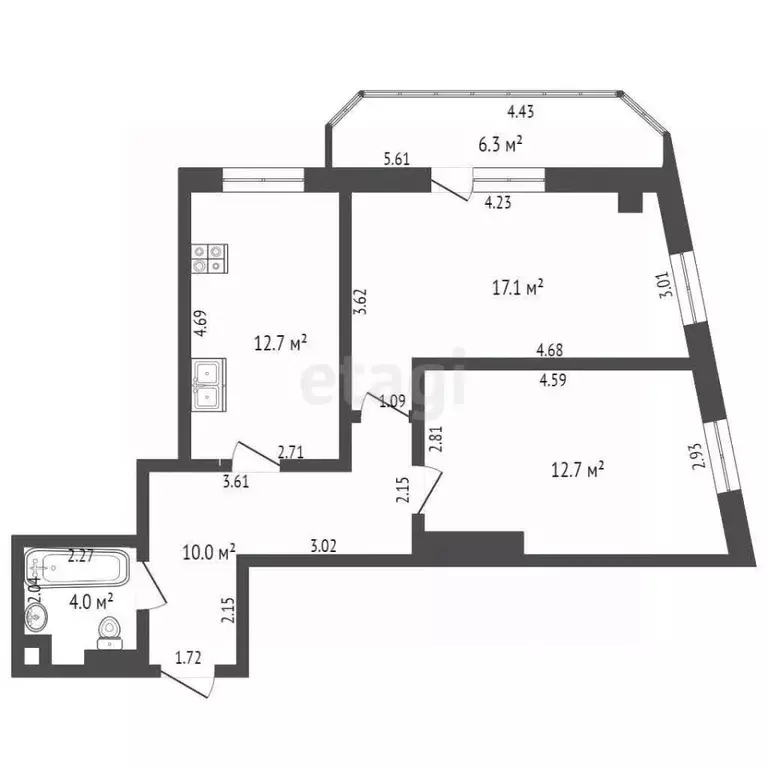 2-к кв. Ростовская область, Ростов-на-Дону Тибетская ул., 1Бс2 (58.9 ... - Фото 2