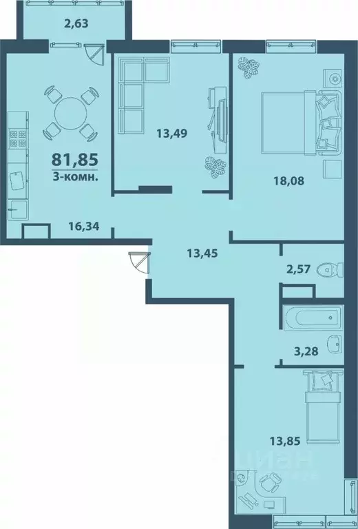 3-к кв. Ульяновская область, Ульяновск Кольцевая ул., 44 (81.85 м) - Фото 0