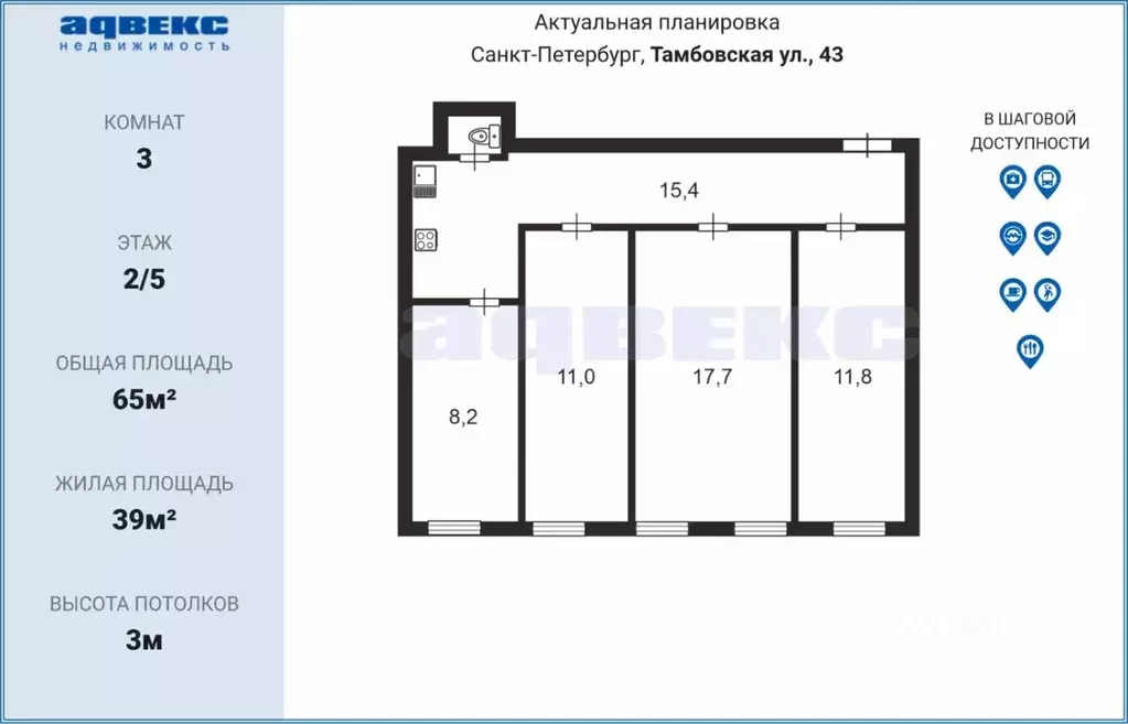 3-к кв. Санкт-Петербург Тамбовская ул., 43 (65.0 м) - Фото 1