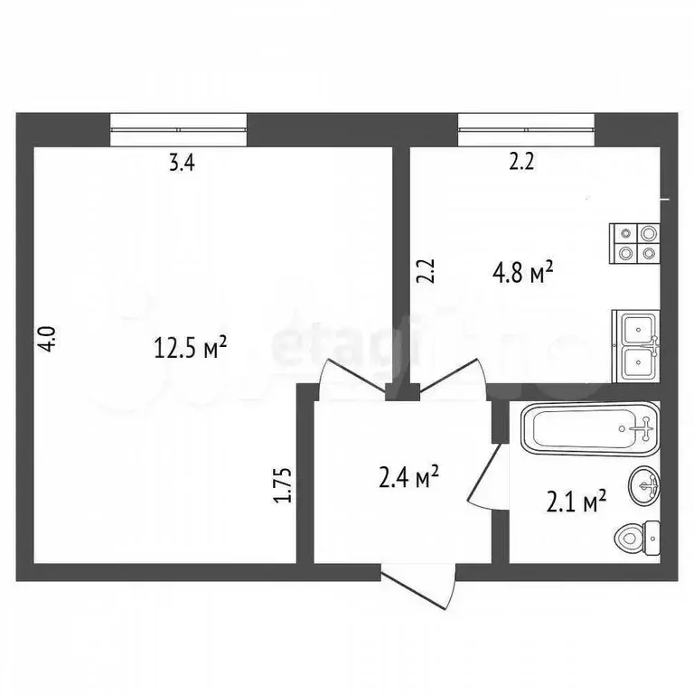 1-к. квартира, 21,8 м, 2/5 эт. - Фото 0