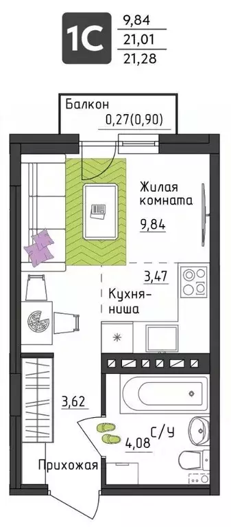 Студия Пермский край, Пермь Верхне-Вишерская ул., 40 (21.28 м) - Фото 0