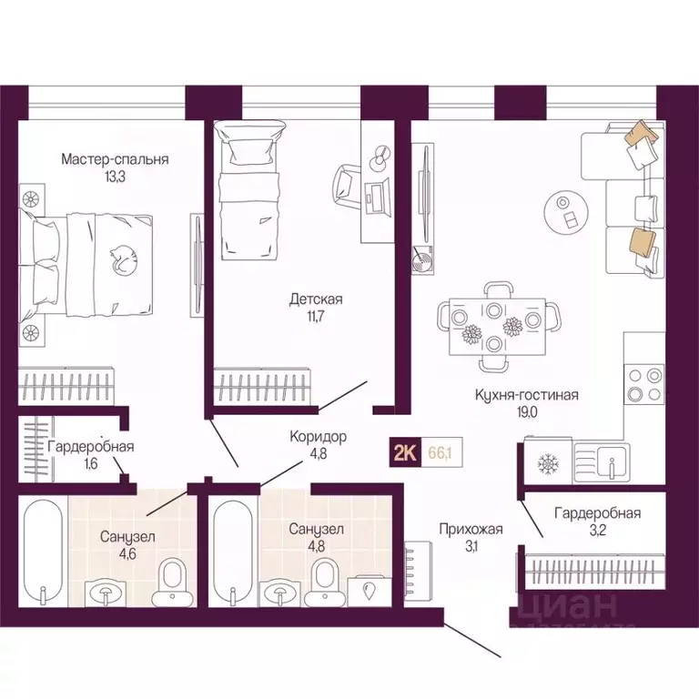 2-к кв. Нижегородская область, Нижний Новгород ул. Тургенева (66.1 м) - Фото 1