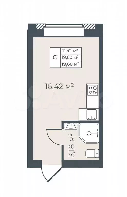 1-к. квартира, 19,6 м, 7/9 эт. - Фото 0