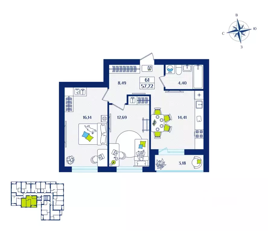 2-к кв. Калининградская область, Зеленоградск  (57.72 м) - Фото 1
