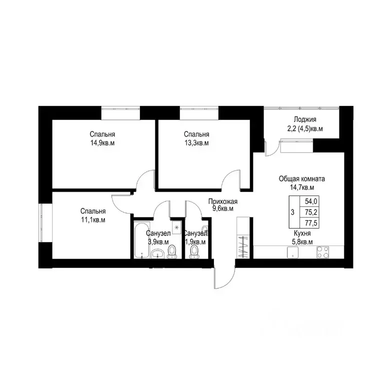3-к кв. Татарстан, Альметьевск  (77.5 м) - Фото 1