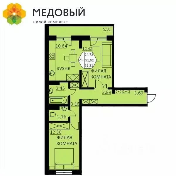 2-к кв. Пермский край, д. Кондратово ул. Г.Н. Нифантова, 4А (51.3 м) - Фото 0