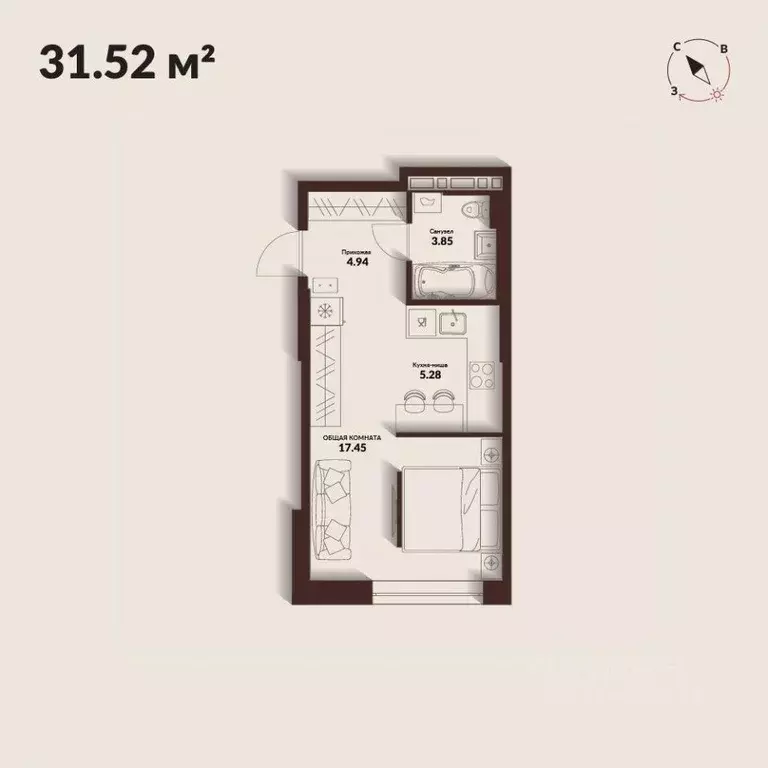 Студия Приморский край, Владивосток Каскада жилой комплекс (31.52 м) - Фото 1