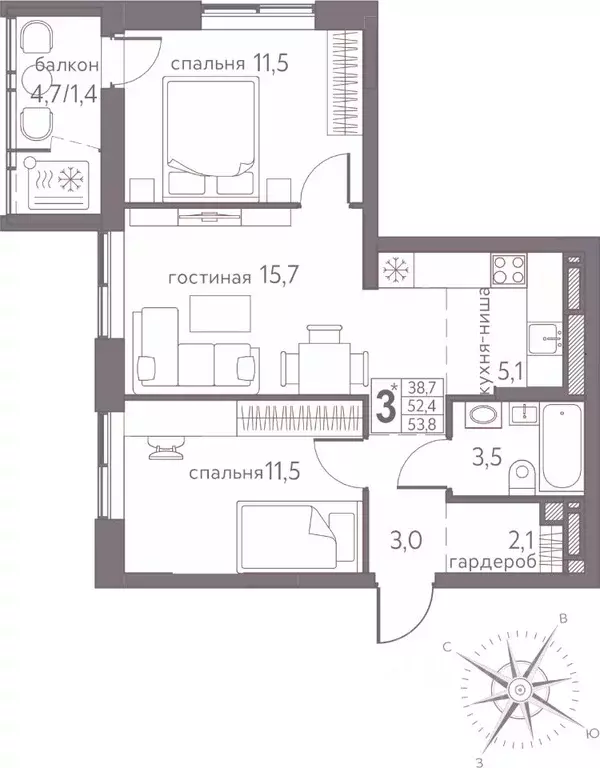 Студия Пермский край, Пермь ул. Серебристая, 3А (53.8 м) - Фото 1
