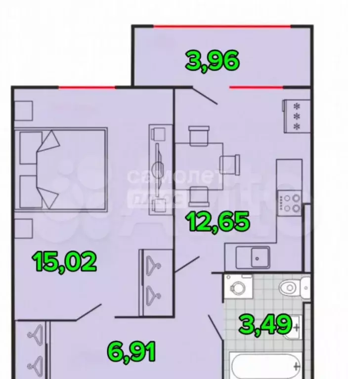 1-к. квартира, 42,1 м, 6/9 эт. - Фото 0