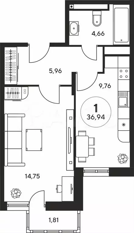 1-к. квартира, 36,9 м, 23/25 эт. - Фото 1