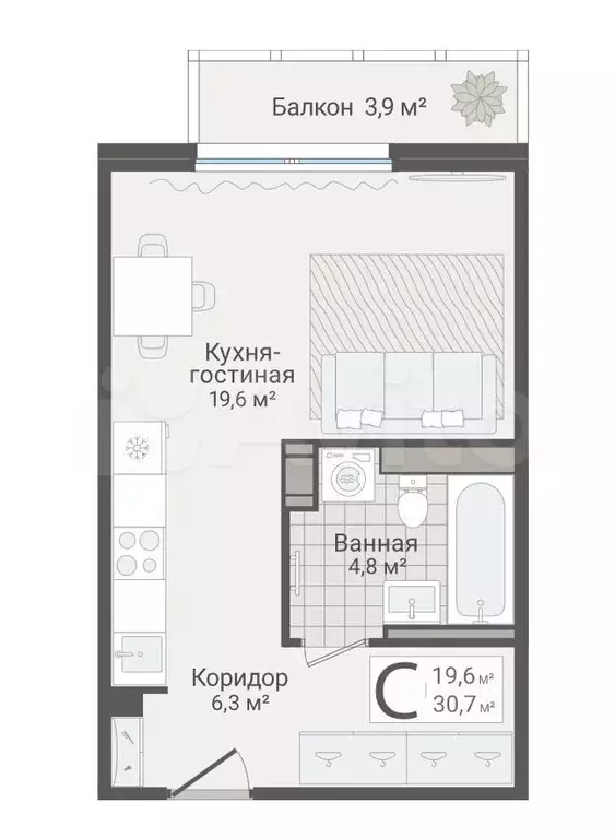 Квартира-студия, 30,7 м, 3/13 эт. - Фото 0