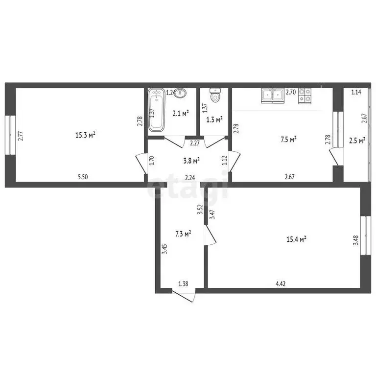 2-комнатная квартира: Стерлитамак, Стадионная улица, 21 (50.5 м) - Фото 1