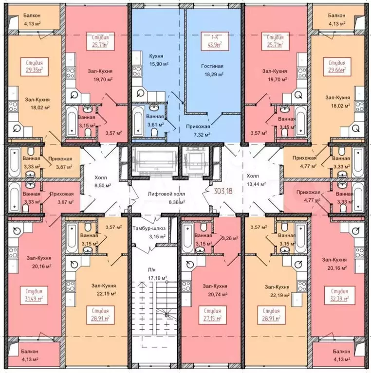 Квартира-студия, 32,4 м, 5/13 эт. - Фото 1