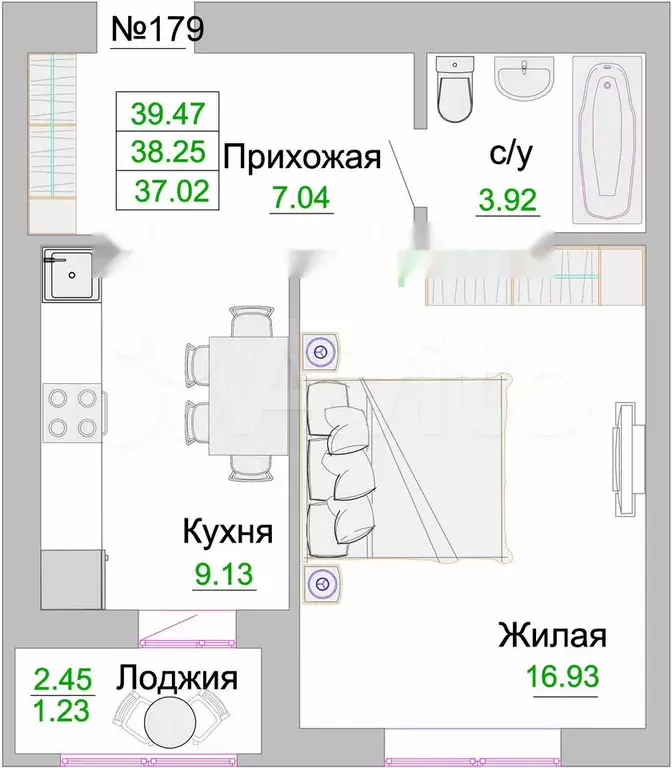 1-к. квартира, 38,3 м, 7/9 эт. - Фото 1
