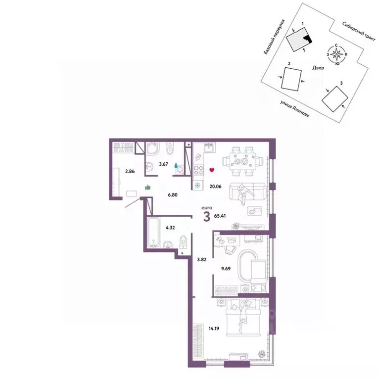 3-к кв. Свердловская область, Екатеринбург тракт Сибирский, 24Д (65.41 ... - Фото 0