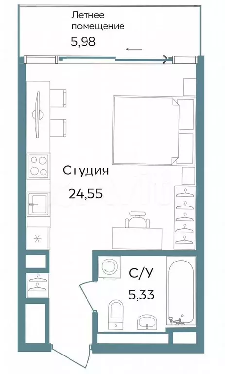 Апартаменты-студия, 35,9 м, 2/12 эт. - Фото 0