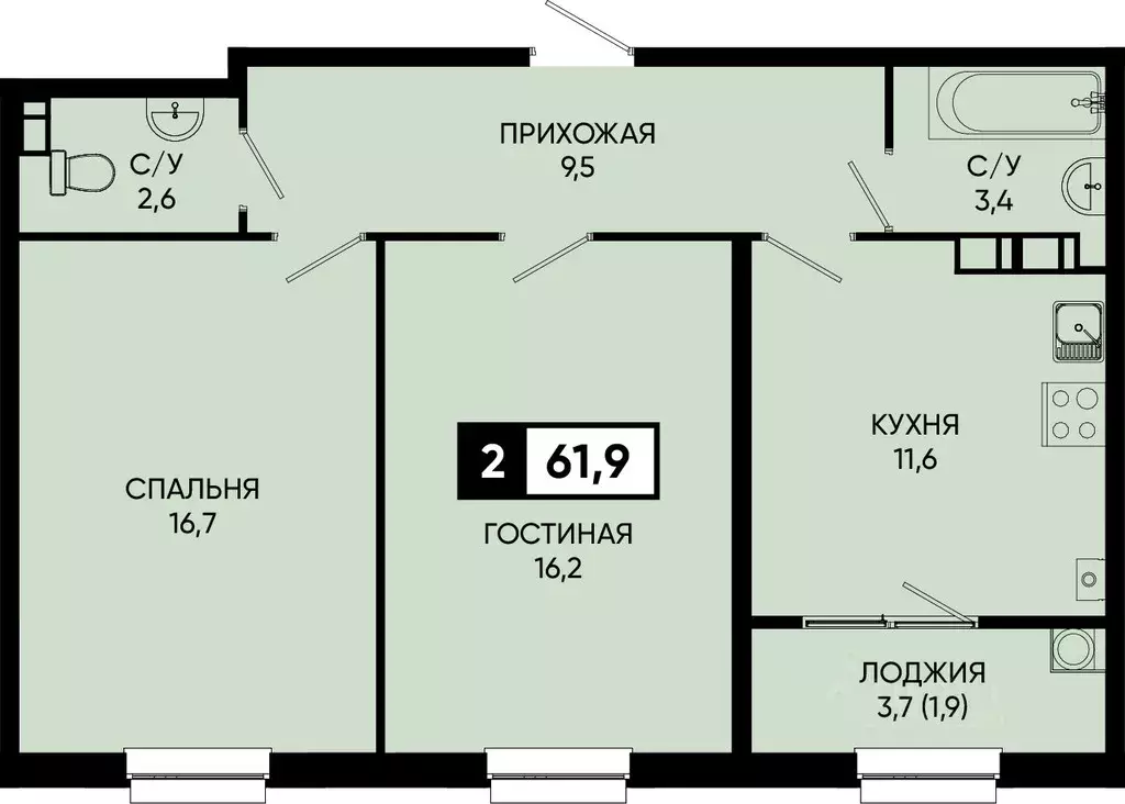 2-к кв. Ставропольский край, Кисловодск городской округ, пос. ... - Фото 1