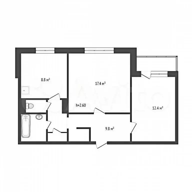 2-к. квартира, 53,4 м, 4/9 эт. - Фото 0