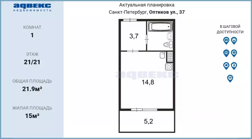 Студия Санкт-Петербург ул. Оптиков, 37 (21.9 м) - Фото 1