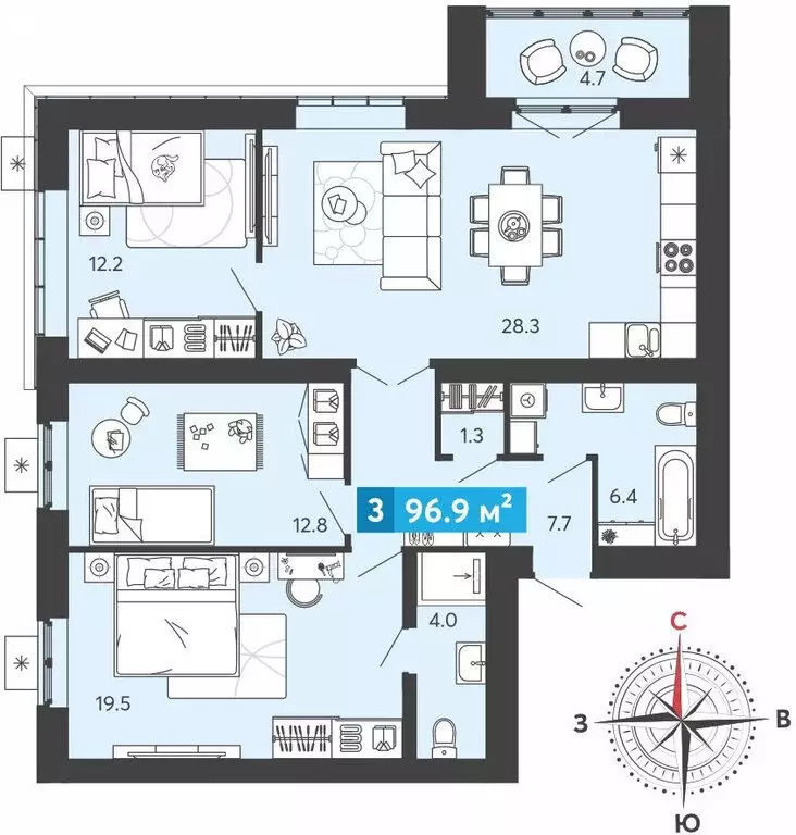 3-комнатная квартира: Засечное, микрорайон Город Спутник (96.9 м) - Фото 1