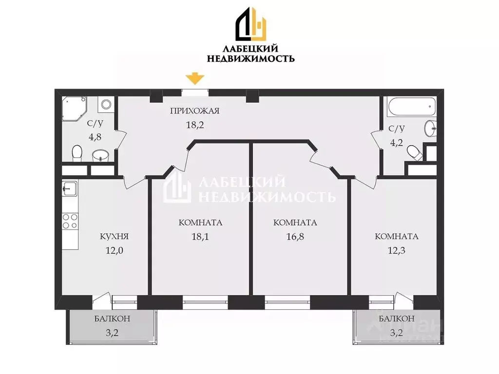 3-к кв. Санкт-Петербург ул. Беринга, 23к2 (86.6 м) - Фото 2