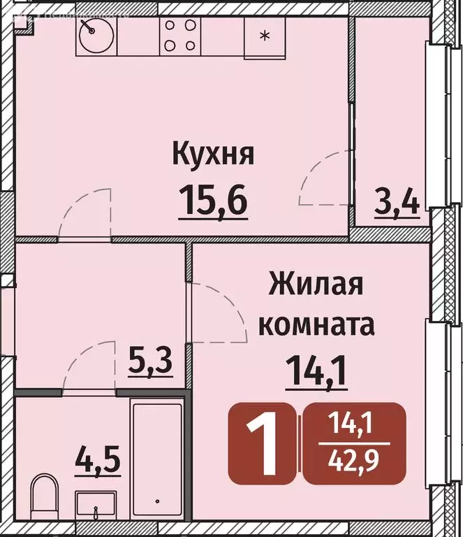 1-комнатная квартира: Чебоксары, улица Энергетиков, поз6 (42.9 м) - Фото 0