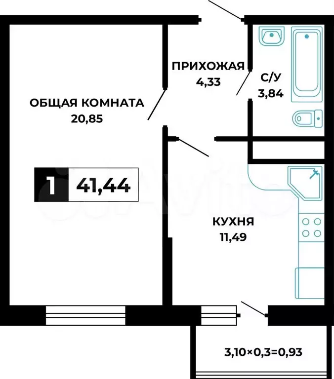 1-к. квартира, 41,4 м, 1/12 эт. - Фото 0