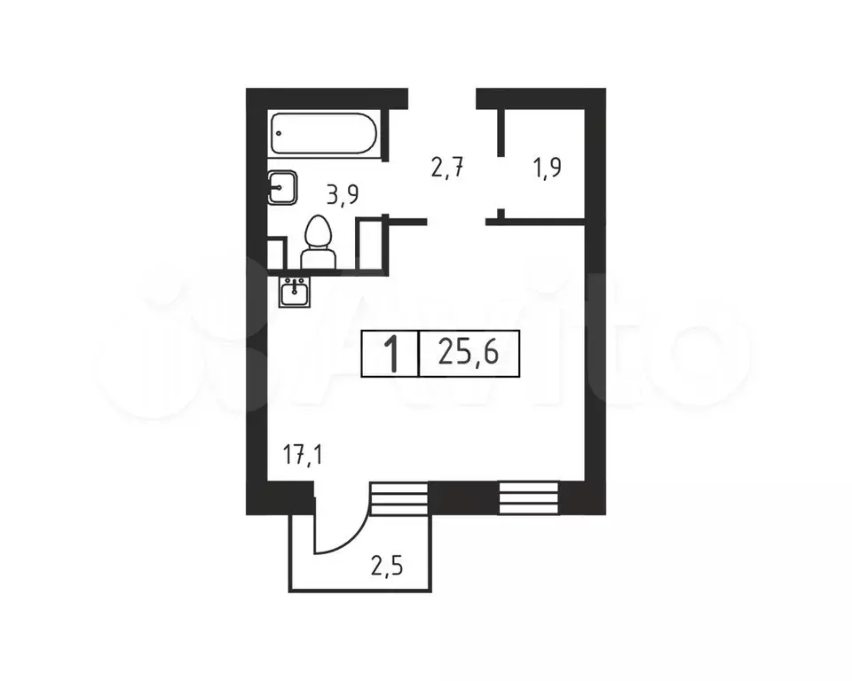 1-к. квартира, 25,6 м, 2/3 эт. - Фото 0