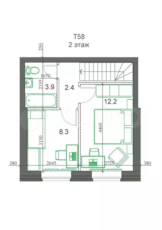 2-к. квартира, 56,5 м, 2/2 эт. - Фото 1