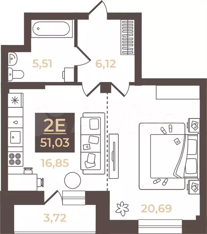 2-к. квартира, 51 м, 2/4 эт. - Фото 0