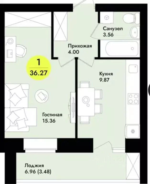 1-к кв. Марий Эл, Йошкар-Ола  (36.3 м) - Фото 2