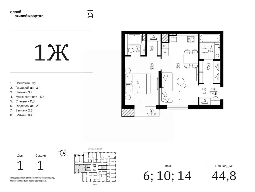 1-к кв. Астраханская область, Астрахань Магнитогорская ул., 1 (44.77 ... - Фото 1