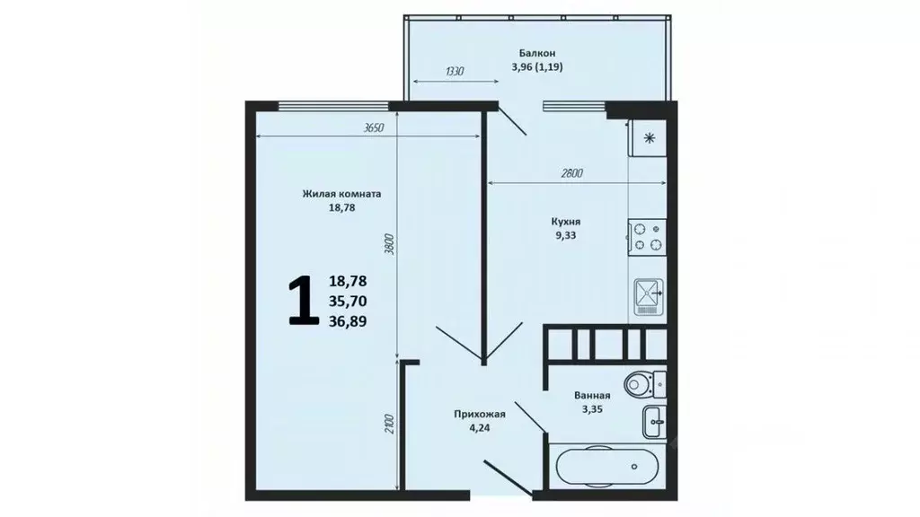 1-к кв. Краснодарский край, Краснодар Уральская ул., 129 (36.4 м) - Фото 2