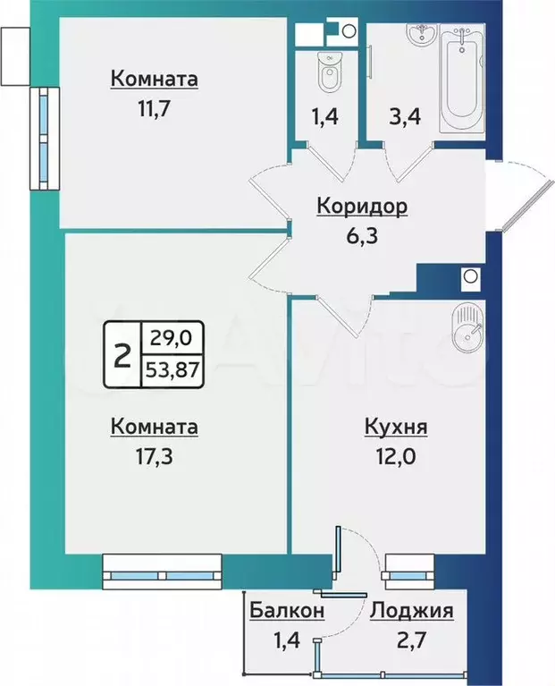 2-к. квартира, 53,9м, 13/17эт. - Фото 0